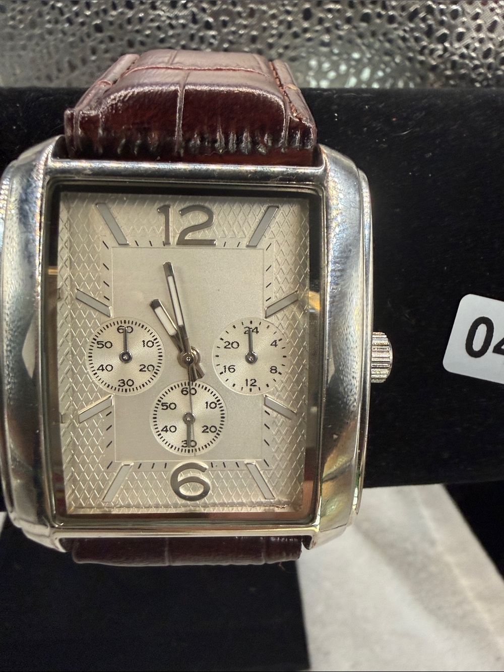 Men's Silver-Tone Square Dial Watch with Brown Leather Strap
